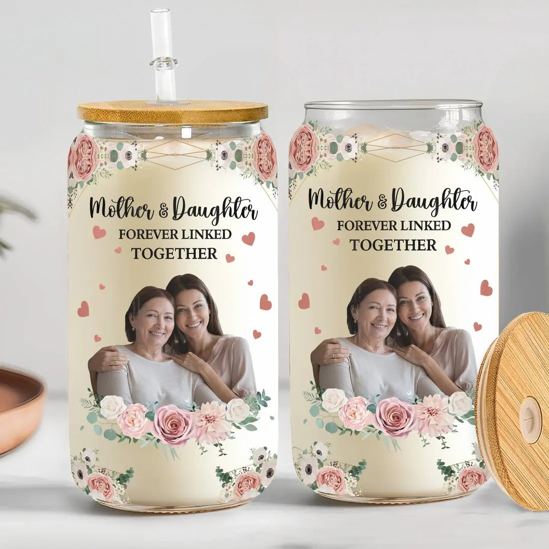 Family - Mother And Daughter Forever Linked Together - Personalized Clear Glass Can (TL) Glass Can The Next Custom Gift