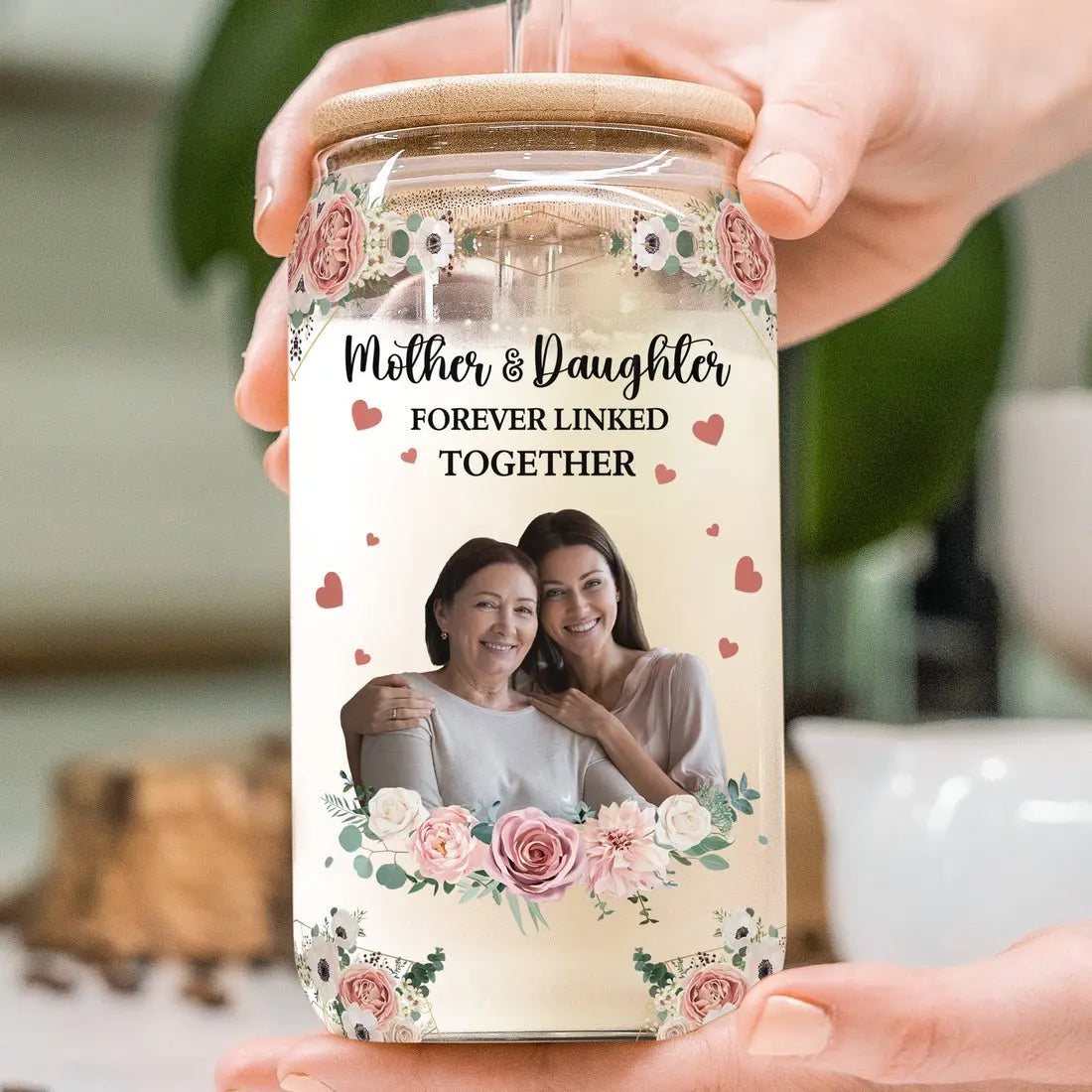 Family - Mother And Daughter Forever Linked Together - Personalized Clear Glass Can (TL) Glass Can The Next Custom Gift