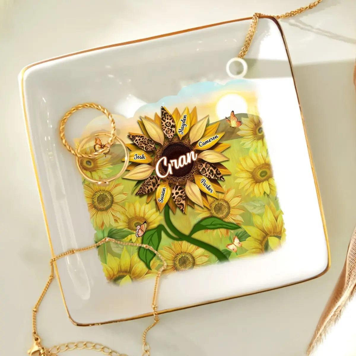 Family - Nana, Mom, Auntie Sunflower - Birthday, Loving Gift For Mother, Grandma, Grandmother - Personalized Ring Dish Dish The Next Custom Gift