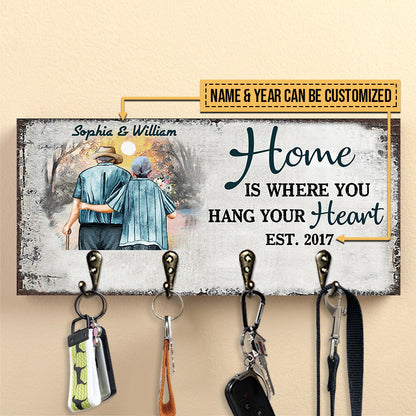 Family Old Couple Husband Wife Hang Your Heart Personalized Custom Wood Key Holder