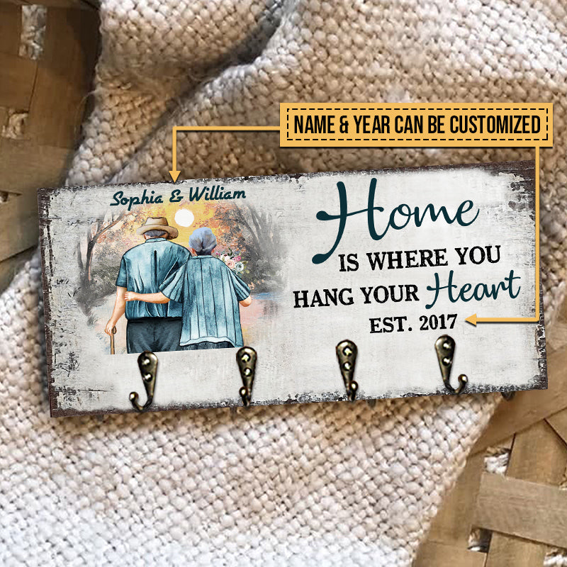 Family Old Couple Husband Wife Hang Your Heart Personalized Custom Wood Key Holder