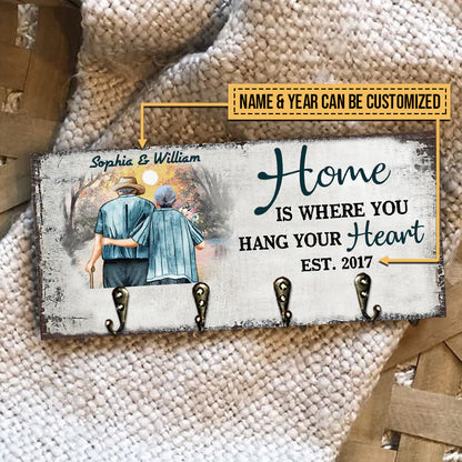 Family Old Couple Husband Wife Hang Your Heart Personalized Custom Wood Key Holder