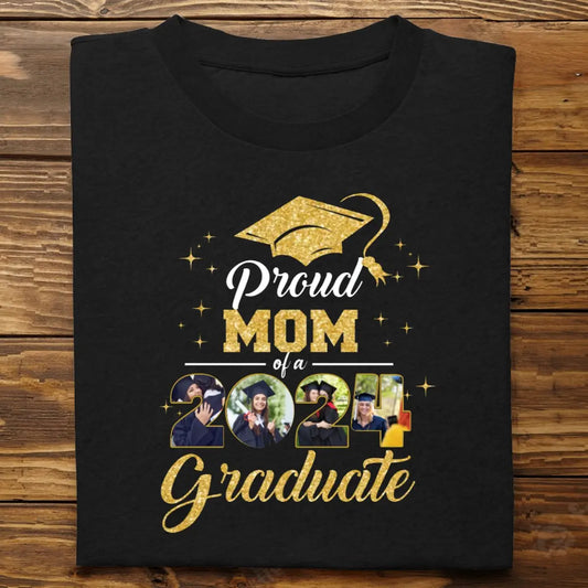 Family - Proud Mom With Gold Glitter Graduation - Personalized T-Shirt(NV) T-shirt The Next Custom Gift