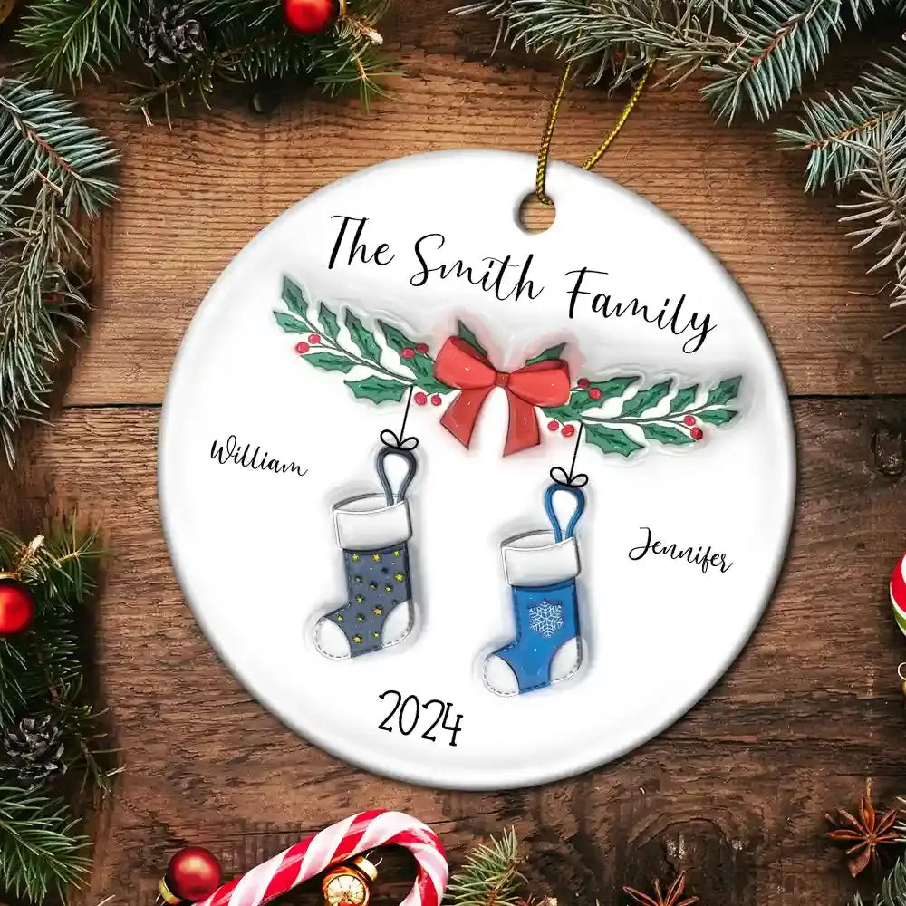 Family Stocking - 3D Inflated Effect Printed Ornament, Personalized Circle Ceramic Ornament ornament The Next Custom Gift