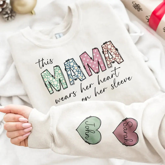 Family - This Mama Wears Her Heart On Her Sleeve - Personalized Sweatshirt - The Next Custom Gift  Sweater