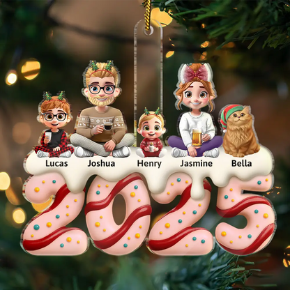 Family Kid Dog Cat Christmas Tree Cake - Personalized Custom Shaped Acrylic Ornament