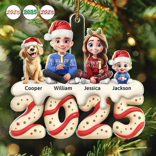 Family Kid Dog Cat Christmas Tree Cake - Personalized Custom Shaped Acrylic Ornament