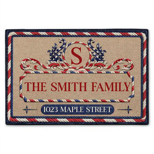 Family Monogram With Address Stars & Stripes - Personalized Doormat