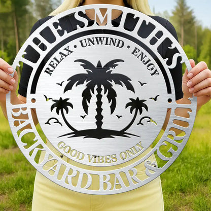 Family Name Poolside Oasis - Personalized Cutout Metal Sign