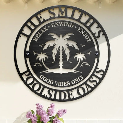 Family Name Poolside Oasis - Personalized Cutout Metal Sign