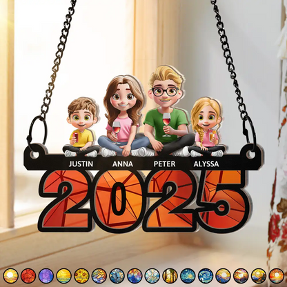 Family Sitting On Year 3D Effect - Personalized Window Hanging Suncatcher Ornament