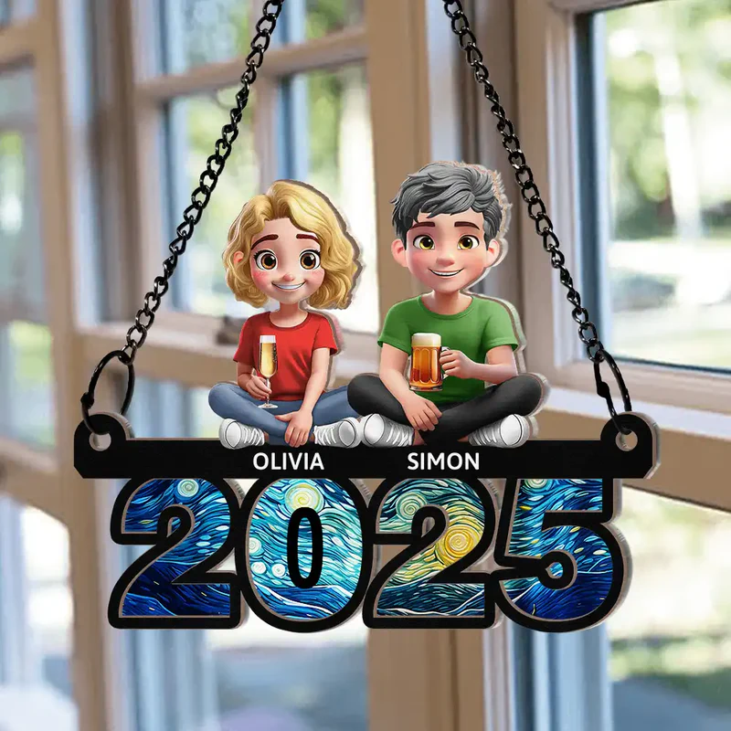 Family Sitting On Year 3D Effect - Personalized Window Hanging Suncatcher Ornament