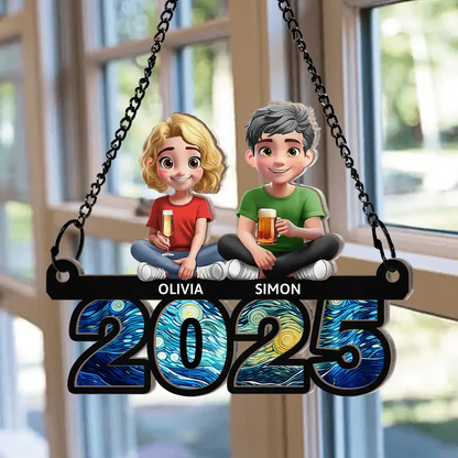 Family Sitting On Year 3D Effect - Personalized Window Hanging Suncatcher Ornament