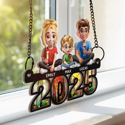 Family Sitting On Year 3D Effect - Personalized Window Hanging Suncatcher Ornament
