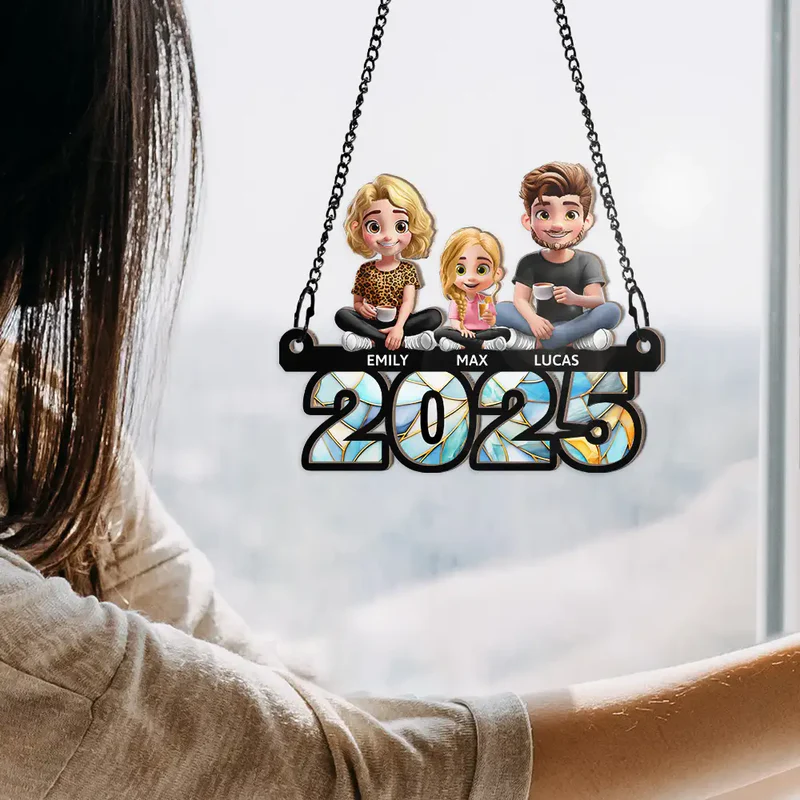 Family Sitting On Year 3D Effect - Personalized Window Hanging Suncatcher Ornament