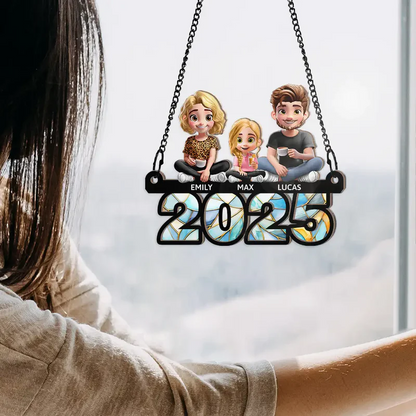 Family Sitting On Year 3D Effect - Personalized Window Hanging Suncatcher Ornament