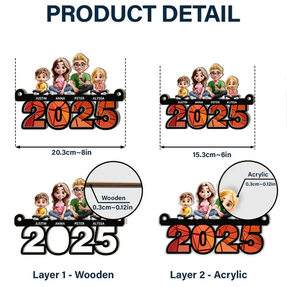 Family Sitting On Year 3D Effect - Personalized Window Hanging Suncatcher Ornament