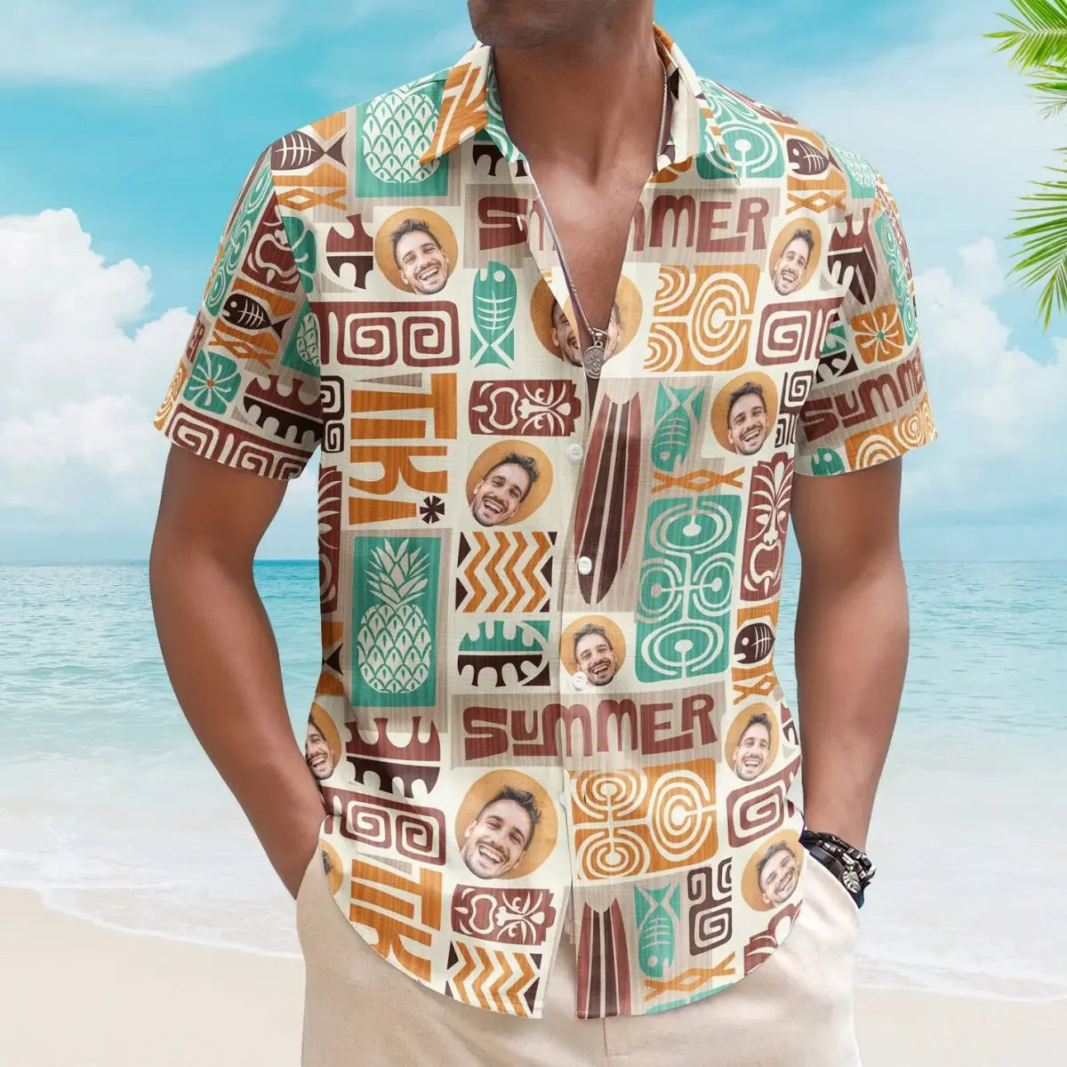 Father - Customize Face With Exotic Tiki Pattern - Personalized Photo Hawaiian Shirt (AB) Hawaiian Shirt The Next Custom Gift