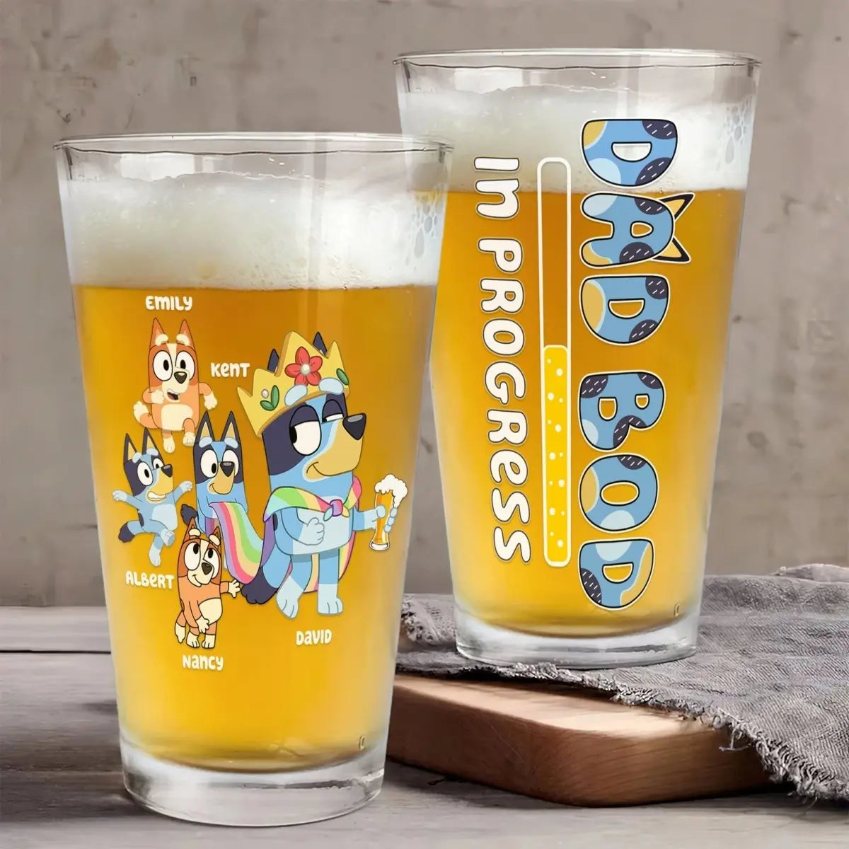 Father's Day - Dad Bod In Progress Bluey Family - Personalized Beer Glass Beer Glass The Next Custom Gift