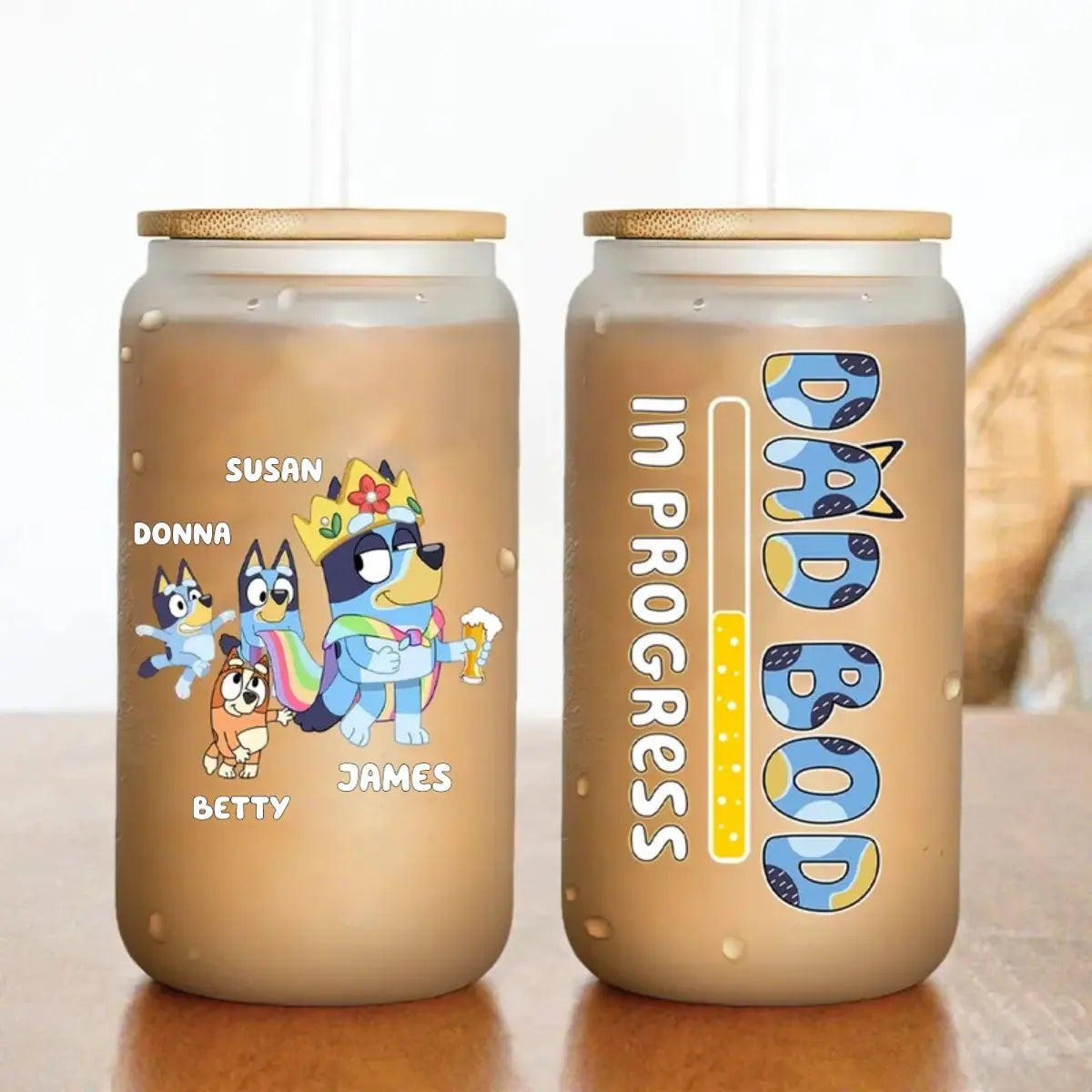 Father's Day - Dad Bod In Progress Bluey Family - Personalized Clear Glass Can (HJ) Glass Can The Next Custom Gift