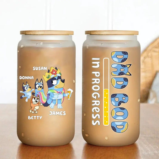 Father's Day - Dad Bod In Progress Bluey Family - Personalized Clear Glass Can (HJ) Glass Can The Next Custom Gift