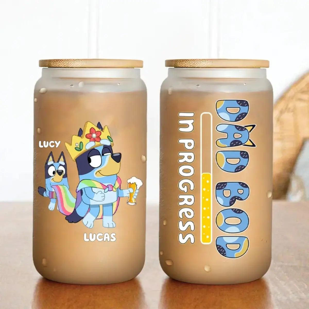 Father's Day - Dad Bod In Progress Bluey Family - Personalized Clear Glass Can (HJ) Glass Can The Next Custom Gift