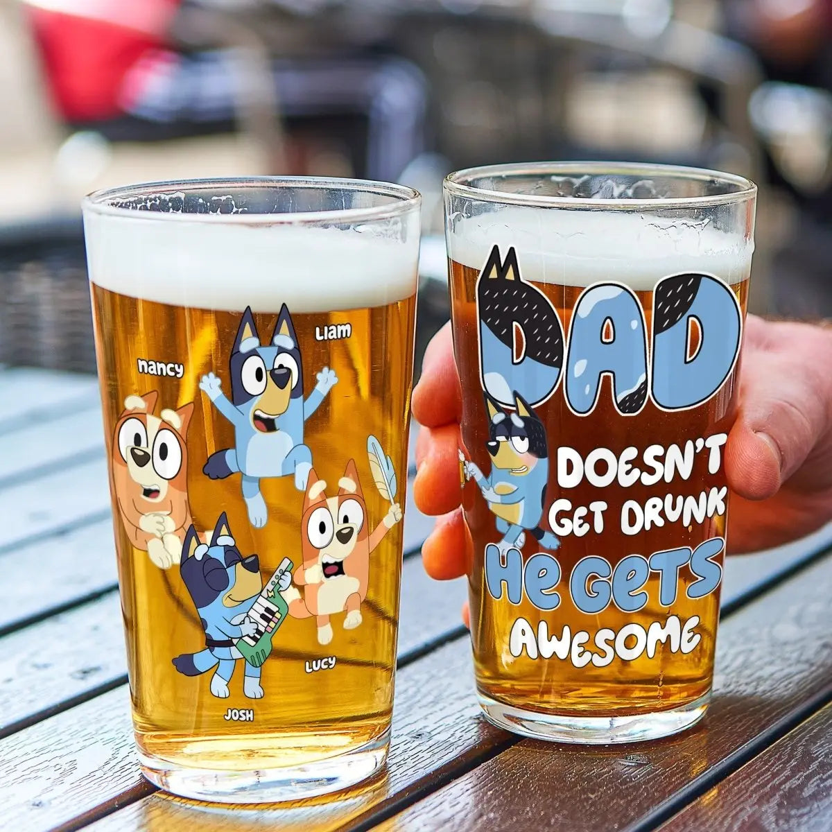 Father's Day - Dad Doesn't Get Drunk He Get Awesome Bluey Family- Personalized Beer Glass Beer Glass The Next Custom Gift