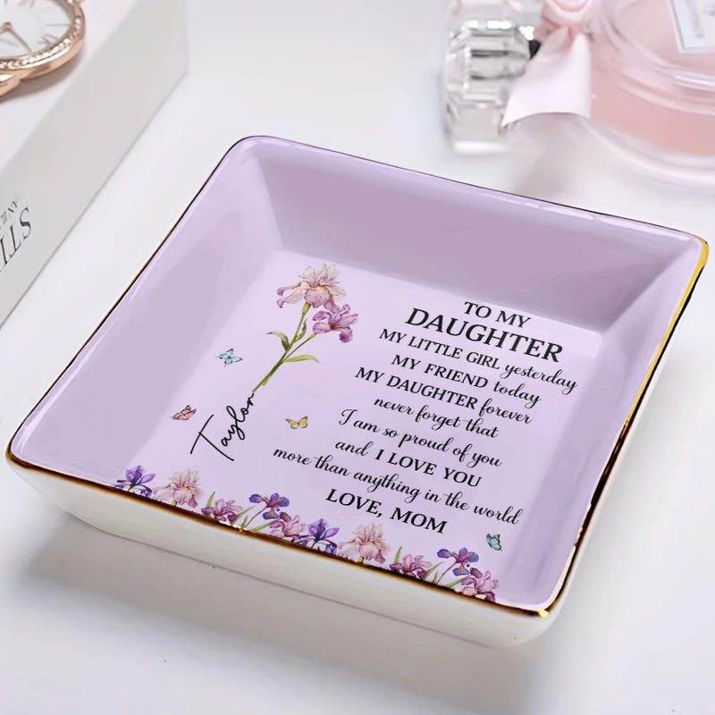 Faux Pressed Birth Flower My Daughter Forever - Personalized Ring Dish
