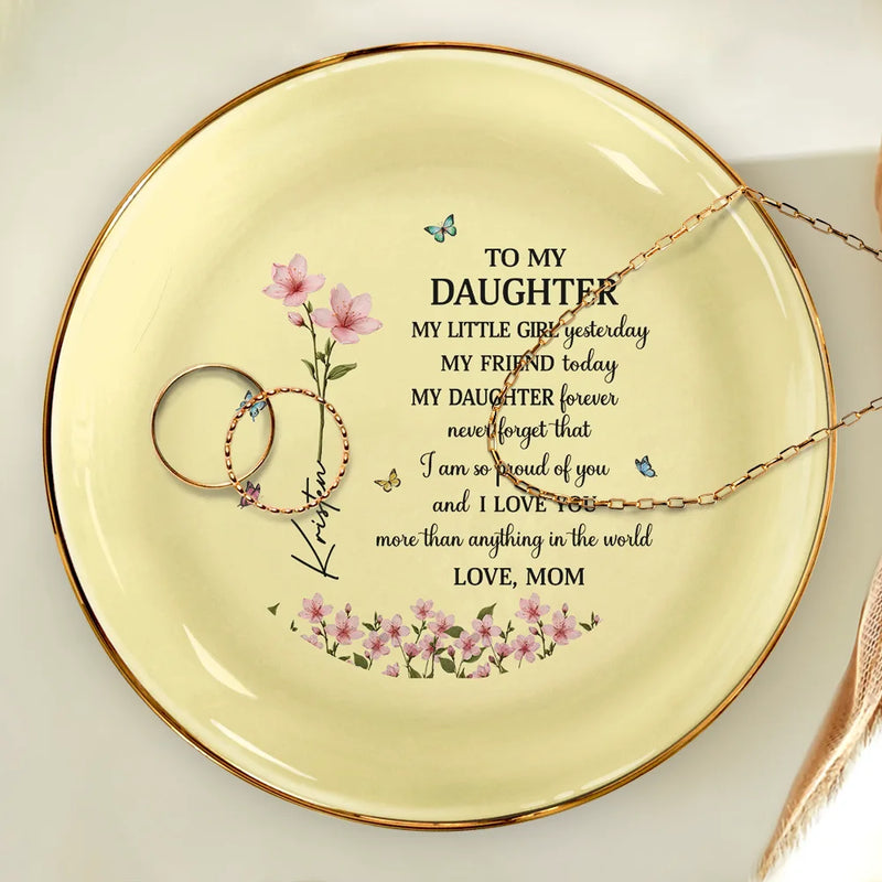 Faux Pressed Birth Flower My Daughter Forever - Personalized Ring Dish
