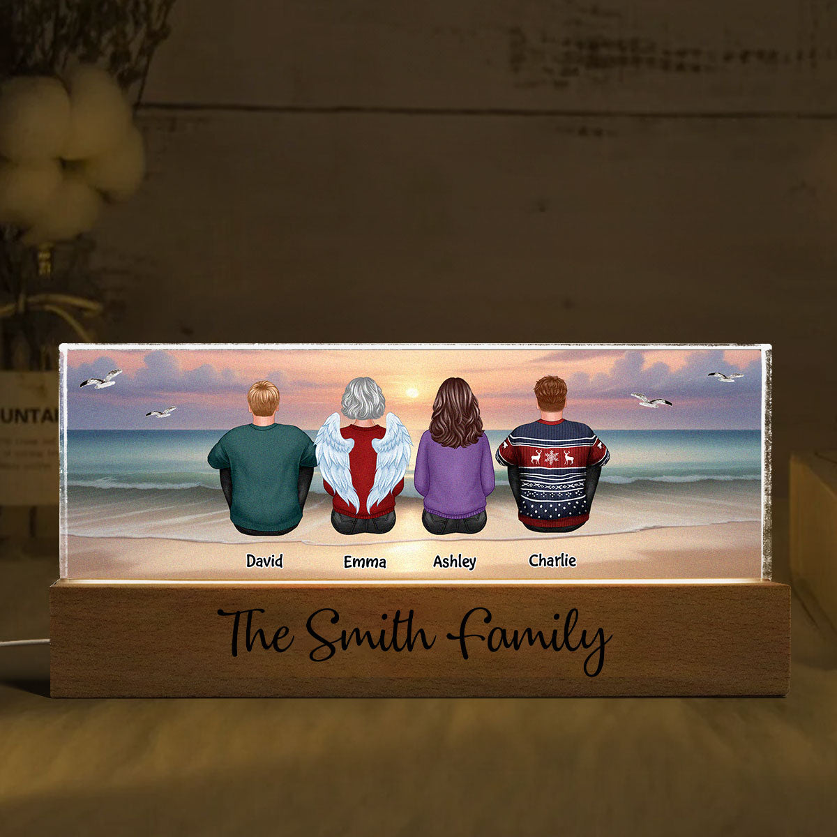 Eternal Sunset Beach Landscape Family Sitting Personalized Acrylic LED Night Light