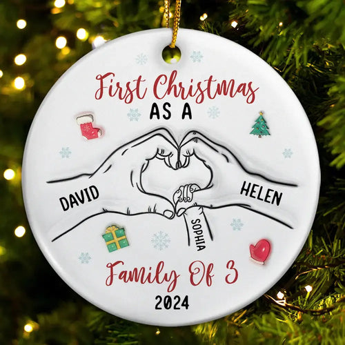 First Christmas As A Family As Three - 3D Inflated Effect Printed Ornament, Personalized Circle Ceramic Ornament ornament The Next Custom Gift