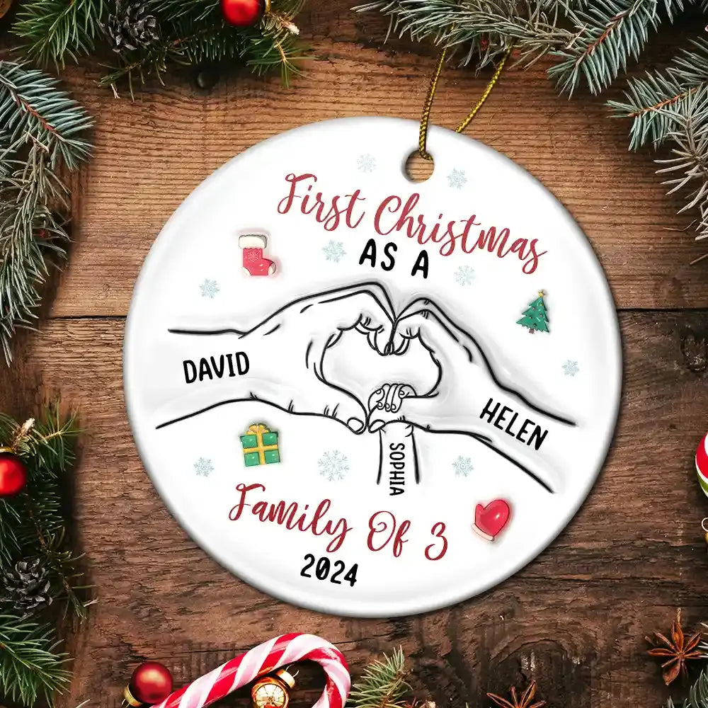 First Christmas As A Family As Three - 3D Inflated Effect Printed Ornament, Personalized Circle Ceramic Ornament ornament The Next Custom Gift