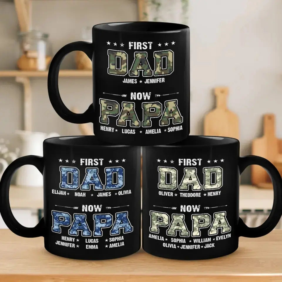 First Dad, Now Papa - Family Personalized Custom Black Mug - Father's Day, Gift For Dad, Grandpa mug The Next Custom Gift