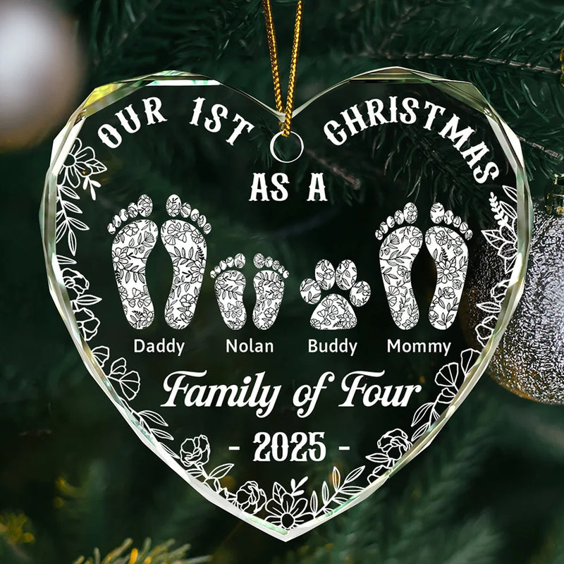 First Christmas As A Family Of Four Toile Footprints - Personalized Heart Shaped Glass Ornament
