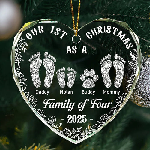 First Christmas As A Family Of Four Toile Footprints - Personalized Heart Shaped Glass Ornament