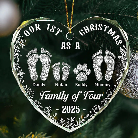 First Christmas As A Family Of Four Toile Footprints - Personalized Heart Shaped Glass Ornament