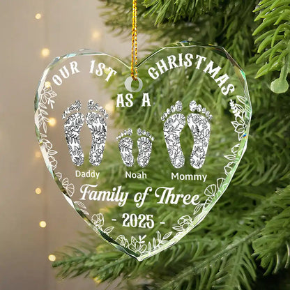 First Christmas As A Family Of Four Toile Footprints - Personalized Heart Shaped Glass Ornament