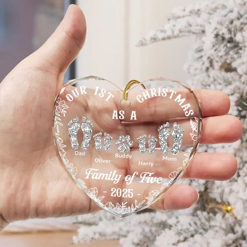 First Christmas As A Family Of Four Toile Footprints - Personalized Heart Shaped Glass Ornament