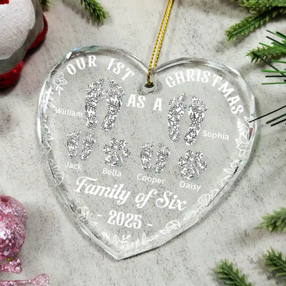 First Christmas As A Family Of Four Toile Footprints - Personalized Heart Shaped Glass Ornament
