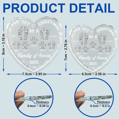 First Christmas As A Family Of Four Toile Footprints - Personalized Heart Shaped Glass Ornament