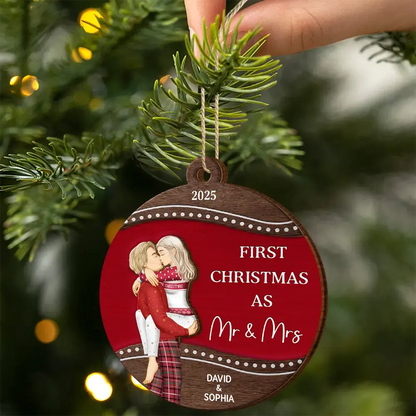 First Christmas As Mr & Mrs Loving Kissing Couple - Personalized 2-Layered Wooden Ornament