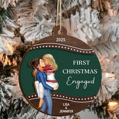 First Christmas As Mr & Mrs Loving Kissing Couple - Personalized 2-Layered Wooden Ornament