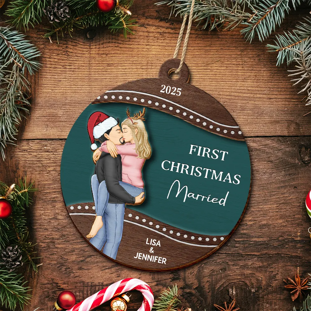 First Christmas As Mr & Mrs Loving Kissing Couple - Personalized 2-Layered Wooden Ornament