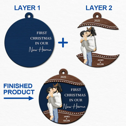 First Christmas As Mr & Mrs Loving Kissing Couple - Personalized 2-Layered Wooden Ornament