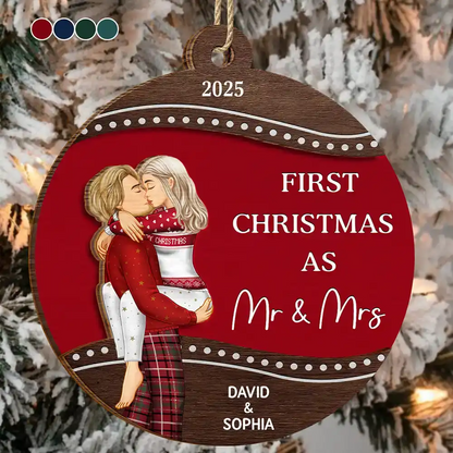 First Christmas As Mr & Mrs Loving Kissing Couple - Personalized 2-Layered Wooden Ornament