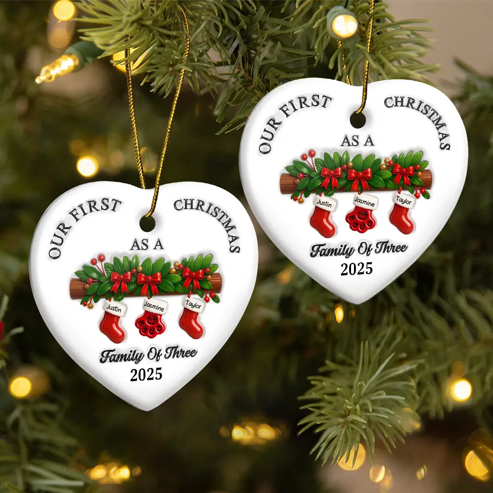 First Christmas Stocking Family - 3D Inflated Effect Printed Ornament, Personalized Acrylic Ornament