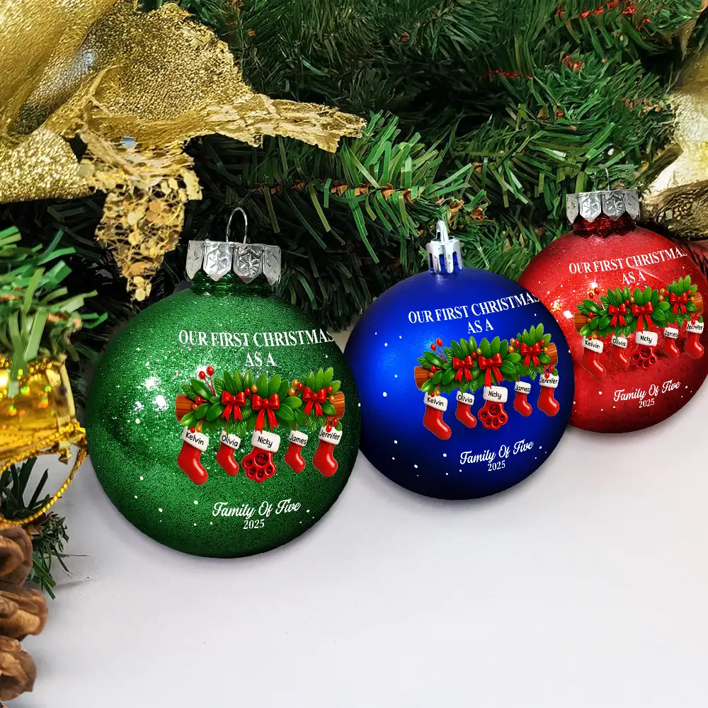 First Christmas Stocking Family - Personalized Ball Ornament