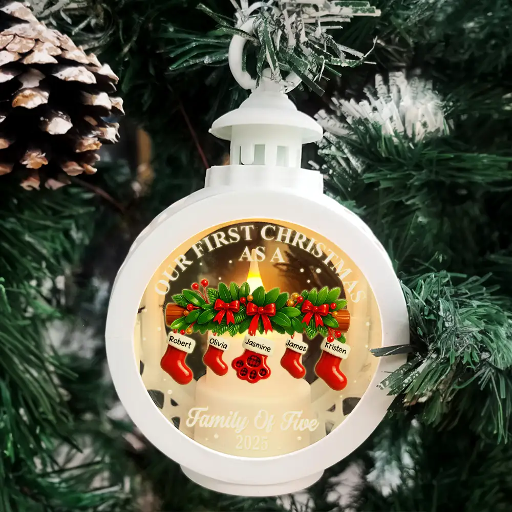 First Christmas Stocking Family - Personalized Candlelight Lantern Ornament