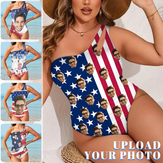 #Flagbathingsuit-4th of July Custom Face American Flag Style Women's One Shoulder Keyhole One Piece Swimsuit Custom Picture Bathing Suit Swimsuit The Next Custom Gift