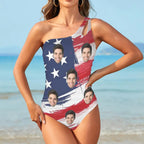 #Flagbathingsuit-4th of July Custom Face American Flag Style Women's One Shoulder Keyhole One Piece Swimsuit Custom Picture Bathing Suit Swimsuit The Next Custom Gift